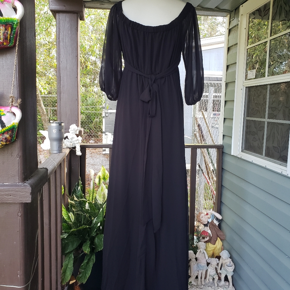 FAERIESTY Maxi Dress Size L Black Babydoll Sheer Sleeves Formal Flowy Evening - Picture 11 of 16